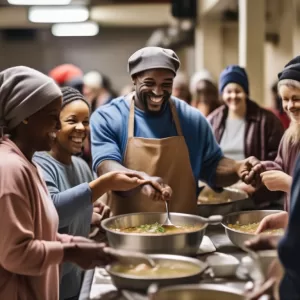 Diverse group serving meals at a soup kitchen.