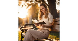 A woman smiling and reading a book on a park bench at sunset.
