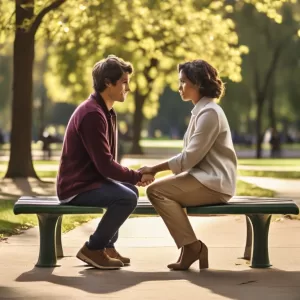 A couple sitting on a park bench, thoughtfully discussing while holding hands, symbolizing a shared vision and common values in a relationship.