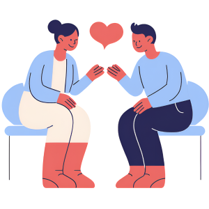 A happy couple sitting close, talking and smiling, representing open communication in marriage.