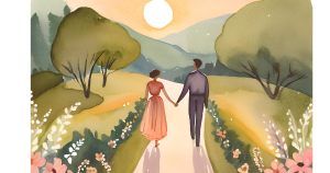 A couple holding hands while walking down a scenic path, symbolizing the journey of marriage and the celebration of relationship milestones. The image reflects the themes of love, unity, and personal growth within a marriage.