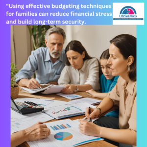 Family collaborating on budgeting using effective budgeting techniques for families.