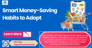 A shopping cart filled with grocery items, featuring a smartphone displaying digital coupons and discount offers, illustrating smart money-saving habits to adopt in everyday shopping.