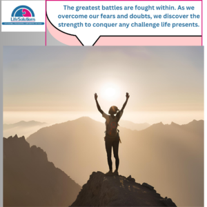 A woman standing at the peak of a mountain at sunrise, arms raised in quiet triumph, symbolizing overcoming personal challenges and self-discovery.