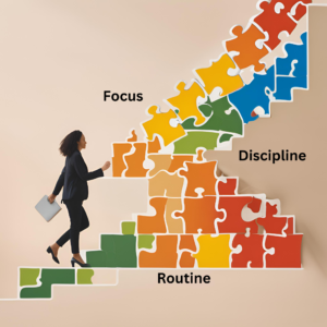 "Person stepping up a staircase made of puzzle pieces labeled with positive habits, symbolizing personal growth and transformation."
