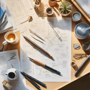 "Illustration of tools and a blueprint symbolizing a construction plan for building better habits, including practical exercises and strategies for habit change."