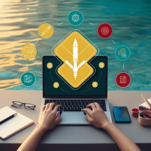 Laptop with freelance work icons surrounding it, representing different freelance opportunities.