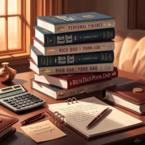 Stack of personal finance books, including *Rich Dad Poor Dad*, alongside financial tools like a calculator and notepad, representing the journey to financial independence.