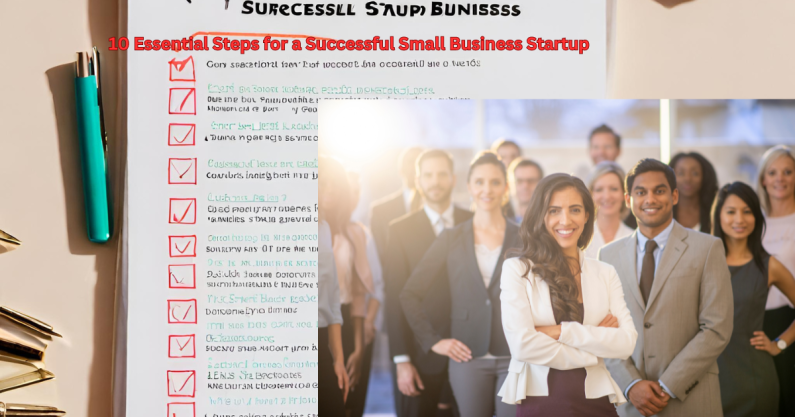 A checklist with 10 essential steps written on a white background for a successful small business startup.