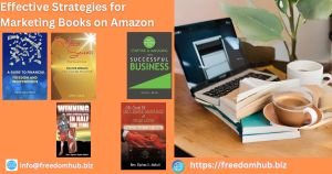 A visually appealing image showing a pile of books, a laptop, and a cup of coffee on a wooden table, representing effective strategies for marketing books on Amazon. 