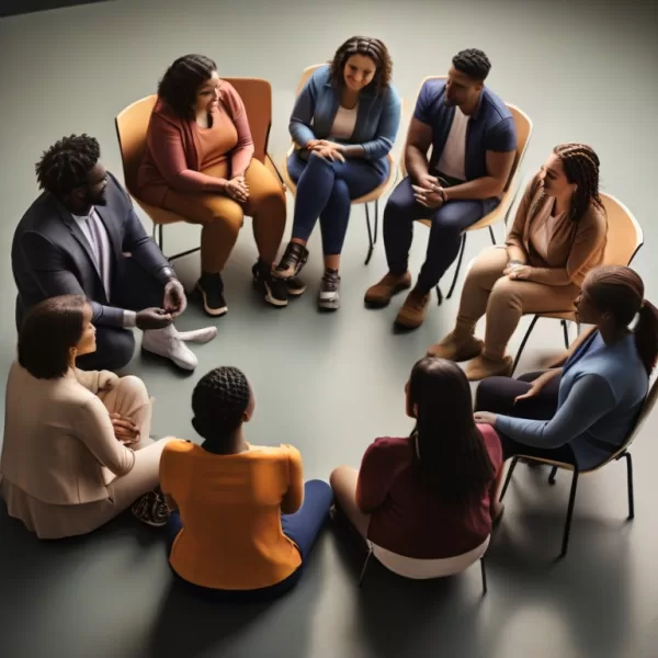 A diverse group of people sitting in a circle and discussing their goals and aspirations