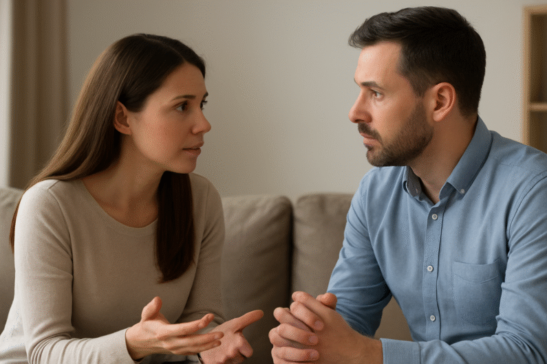 Couple having a disagreement but listening calmly to each other