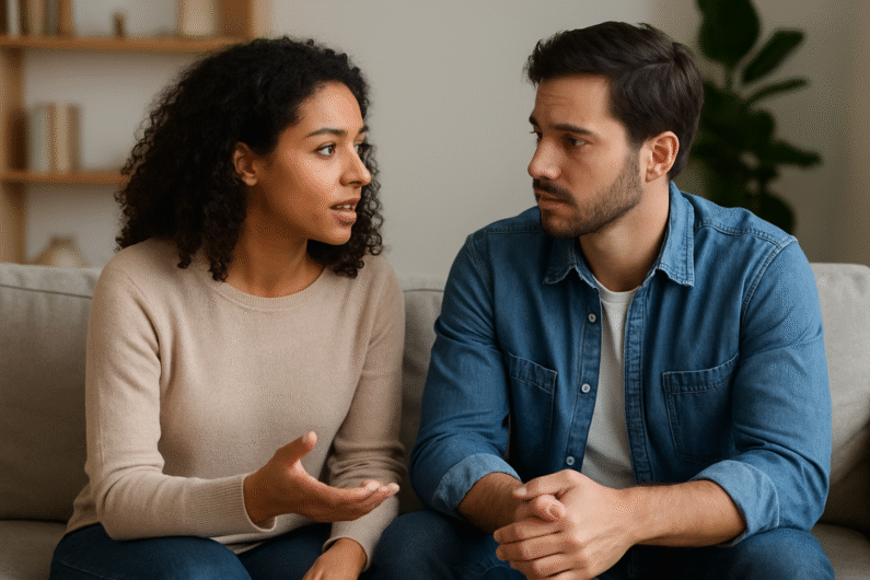 Couple talking on a couch, making eye contact and smiling