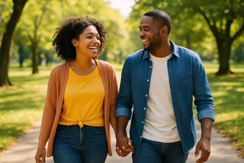 Happy couple smiling while walking hand in hand in the park