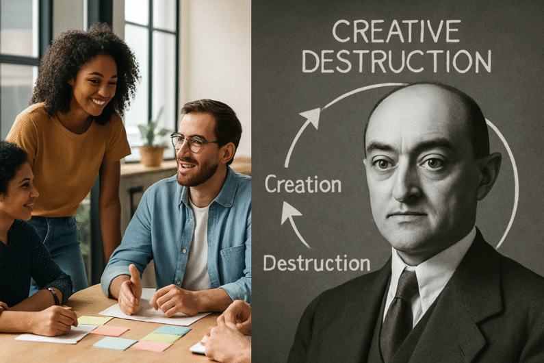Diverse team brainstorming next to Schumpeter’s creative destruction theory illustration