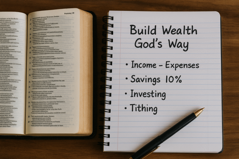 Open Bible and notebook with financial notes