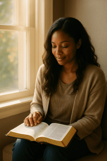 A Christian reading the Bible peacefully as sunlight shines, symbolizing graceful Christian living.