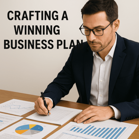 Business owner crafting a winning business plan with charts and documents on a desk.