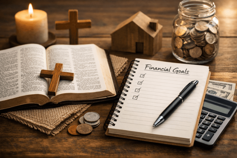 Open Bible beside a notebook and pen symbolizing financial discipline and stewardship