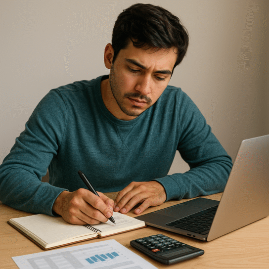 A young entrepreneur planning how to start a business with limited capital using a notebook and laptop.