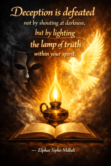 An illuminated oil lamp on an open book shining light into darkness, symbolizing truth overcoming deception and spiritual discernment.