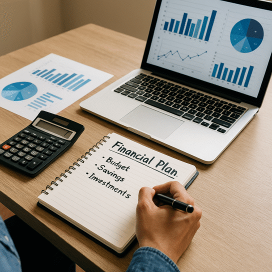 Person reviewing financial plan with calculator and laptop