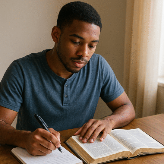 Young Christian studying the Bible while preparing for a godly marriage.