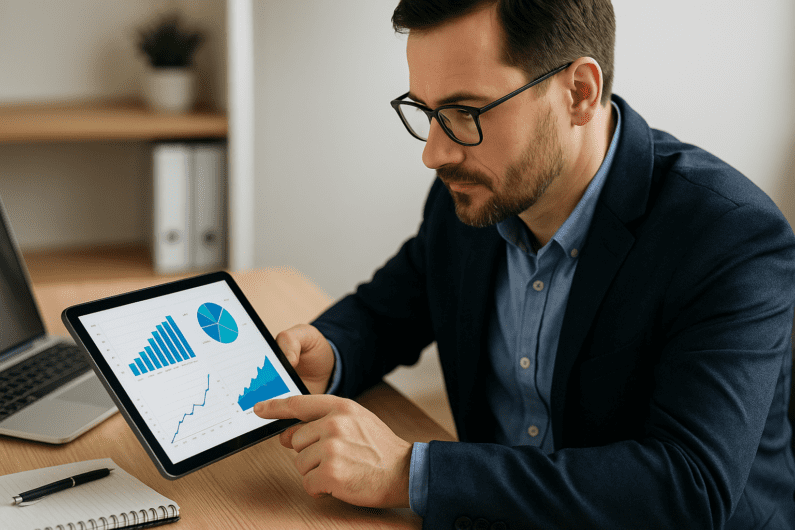 Entrepreneur analysing financial charts on a tablet