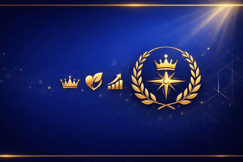 Royal blue and gold abstract hero banner representing business and management training, featuring leadership, wellness, and growth symbols with a clean, professional design and ample space for headline text.
