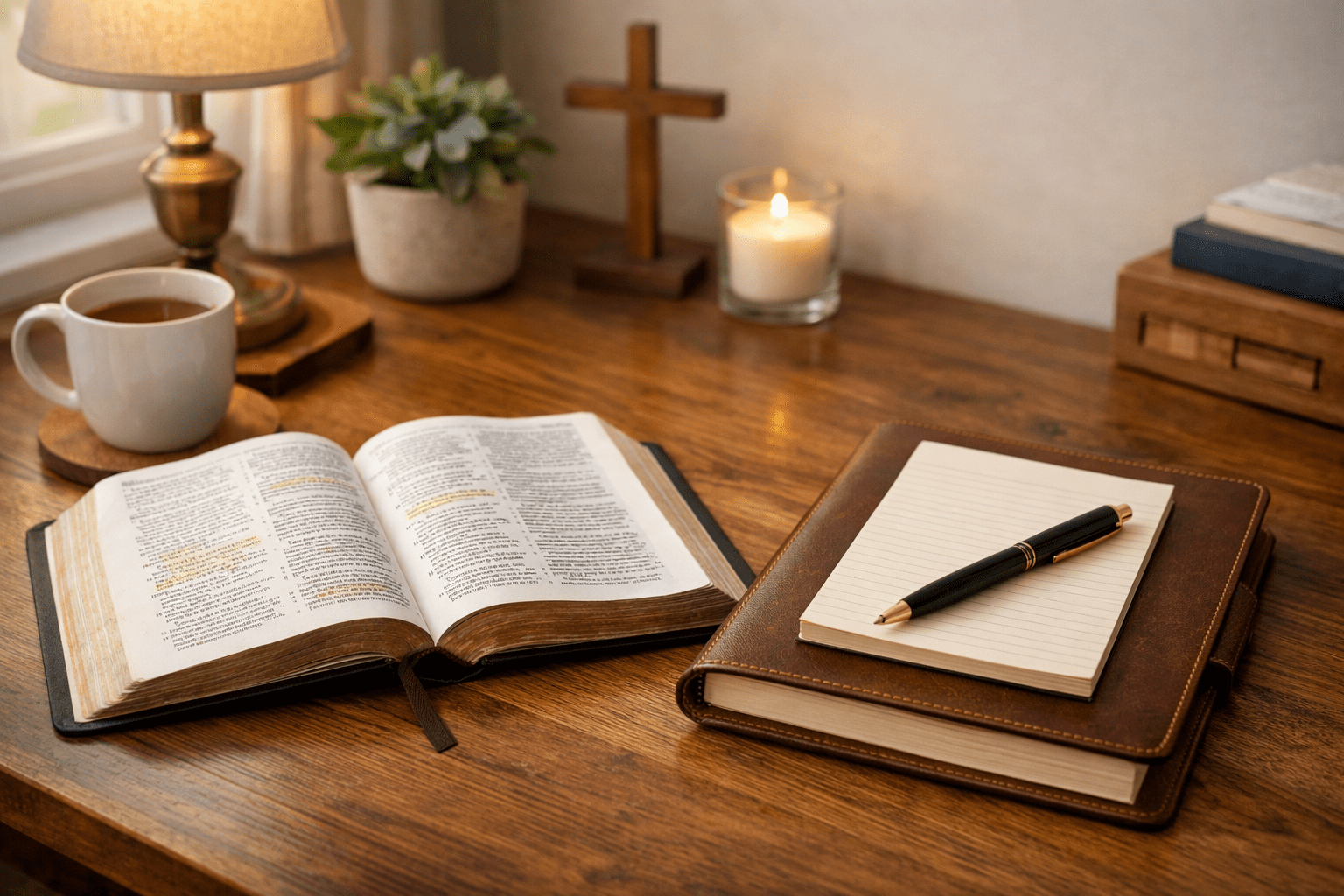 Open Bible beside a journal and pen on a calm desk symbolising biblical direction for life, clarity, and ordered living.
