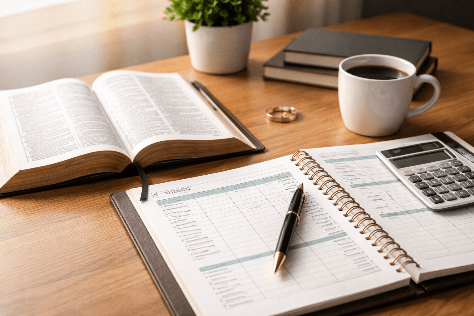 A calm workspace with an open Bible, a structured financial ledger, and a pen placed neatly beside them, representing thoughtful stewardship and disciplined planning.