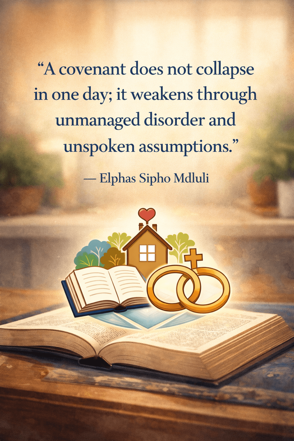 A calm symbolic image of an open Bible, wedding rings, and a home icon representing covenant unity, responsibility, and stability