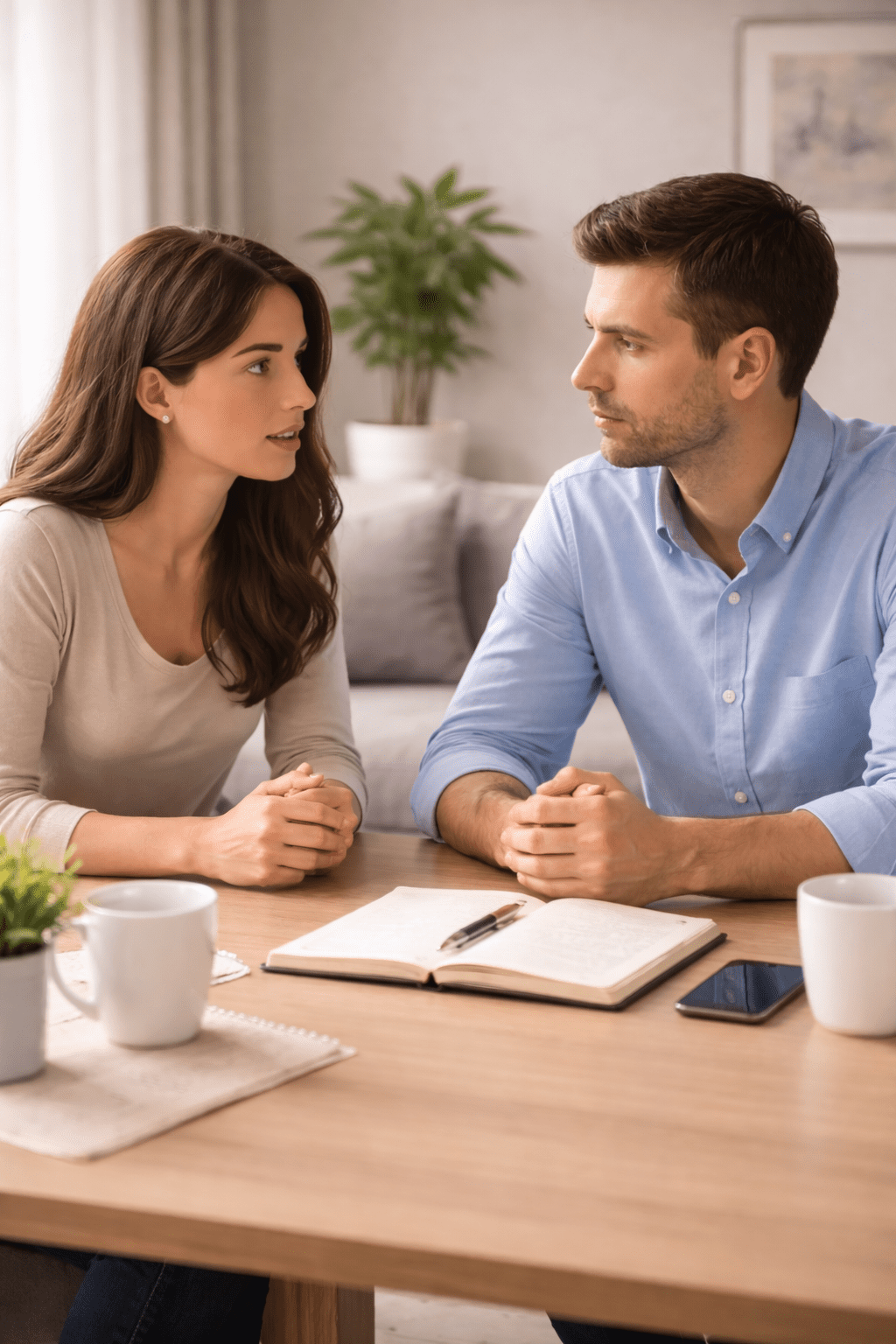 Calm marriage discussion showing structured communication and constructive conflict resolution