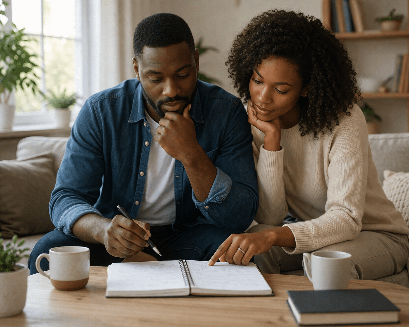 Marriage health assessment guide showing a couple thoughtfully evaluating their relationship together