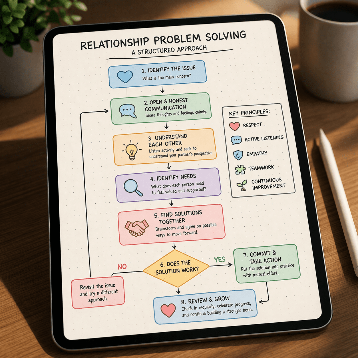 Structured relationship problem solving flow diagram showing logical steps toward conflict clarity