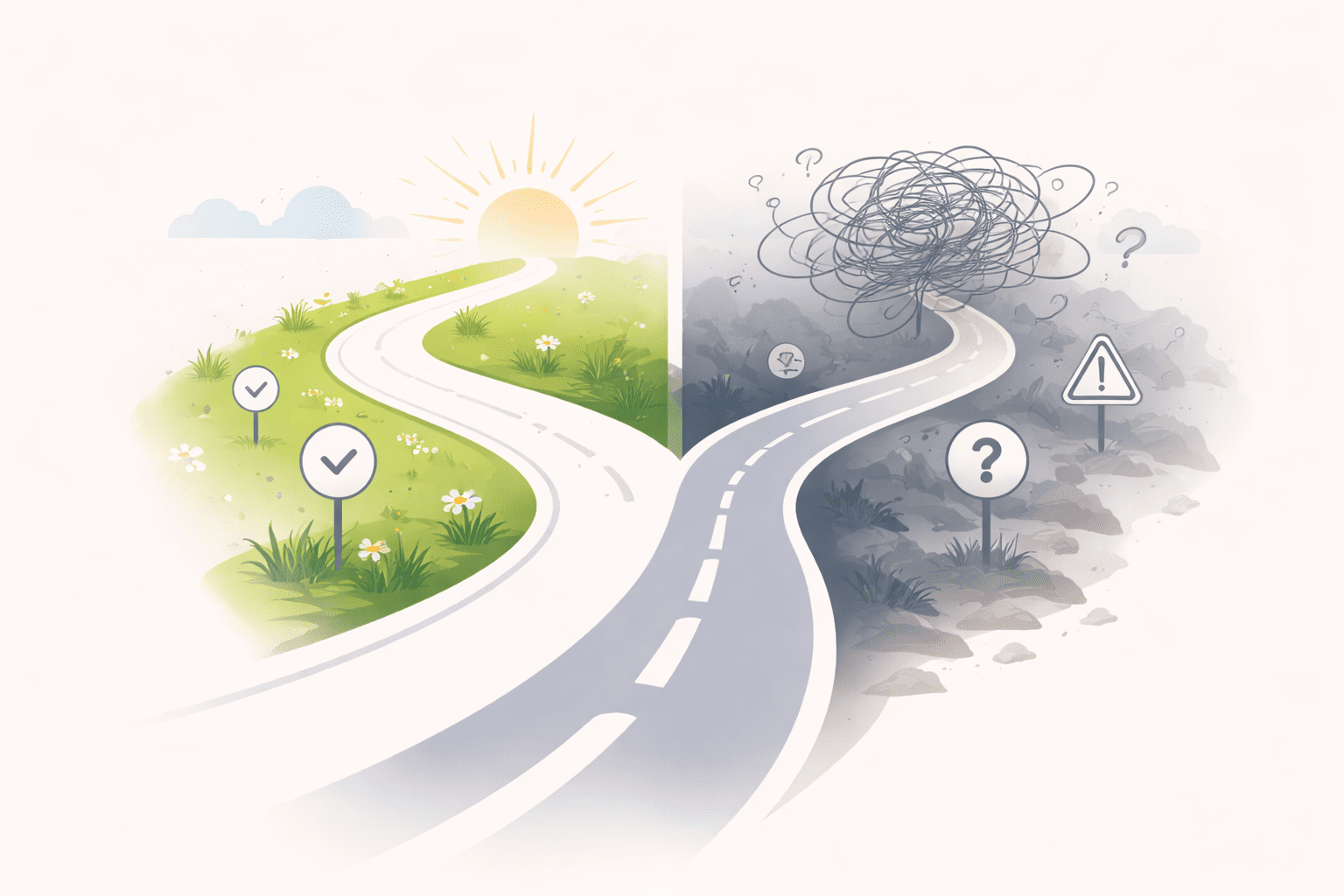 Relationship decision path showing one structured direction and one uncertain direction